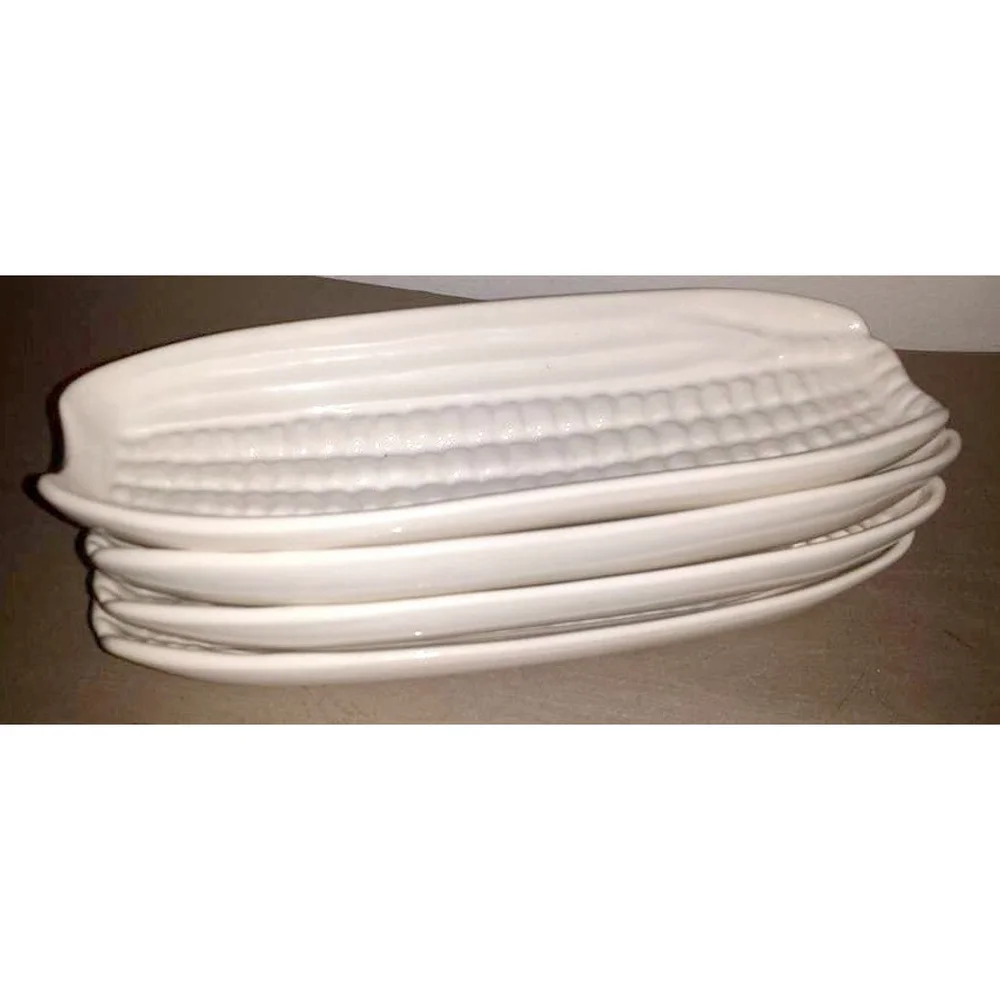 Vintage White Pottery Corn Holder Trays, Set of 4